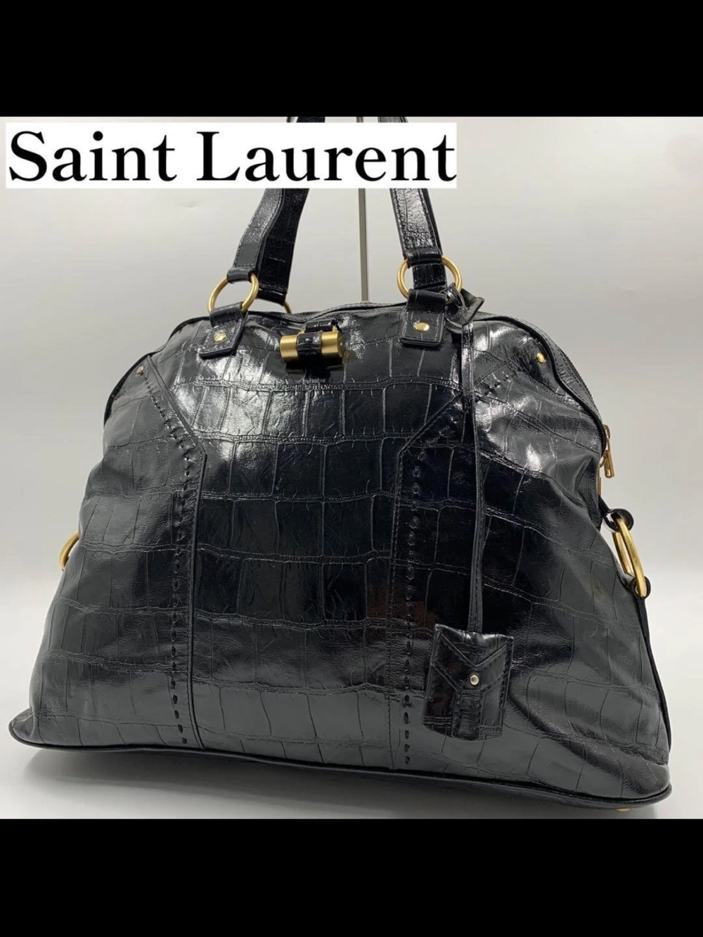 Saint Laurent Black Croc-Embossed Leather Tote with Gold Hardware